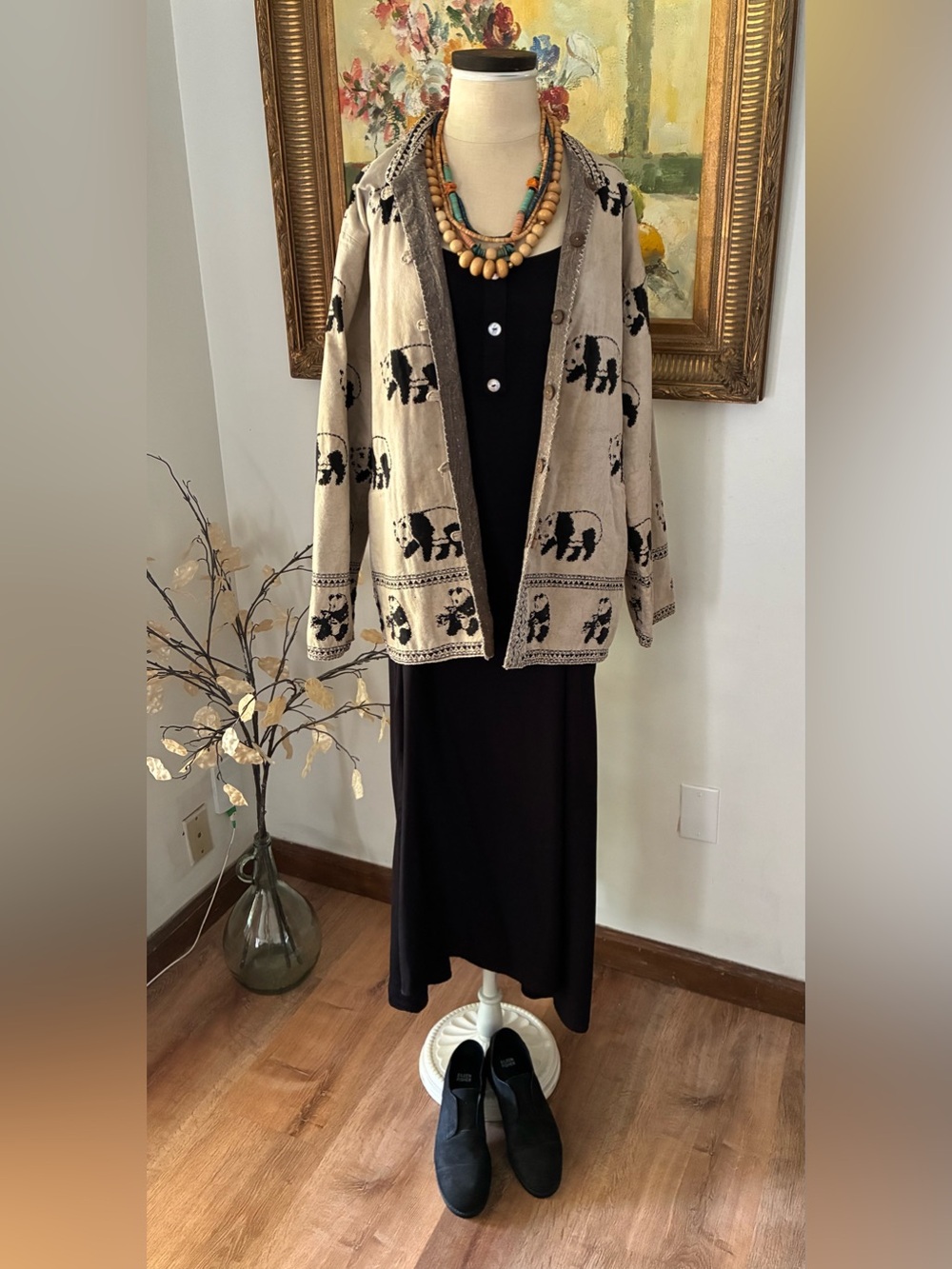 Vintage 90s Chico’s Panda Embroidered Lagenlook Jacket Size Small Medium